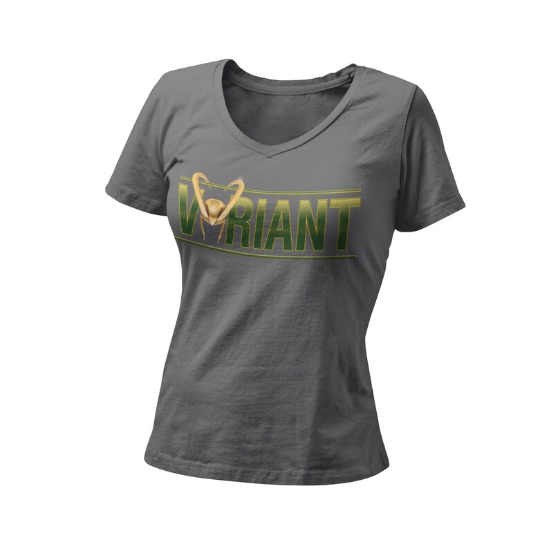 May include: Gray V-neck t-shirt with a green and gold graphic of a Loki variant with the word "VARIANT" in green letters.