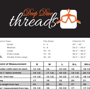 Puede incluir: Una tabla de tallas para blusas de mujer con medidas en pulgadas. La tabla muestra la talla, la medida de pecho correspondiente y la medida de cintura correspondiente. La tabla tambi&eacute;n incluye el nombre de la marca "Deep Dive Threads".