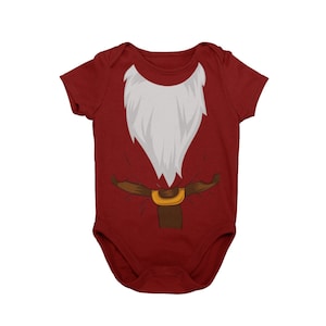 May include: A red baby bodysuit with a Santa Claus design. The design includes a white beard, a brown belt with a gold buckle, and a collar. The bodysuit is made of a soft material and is designed for infants.