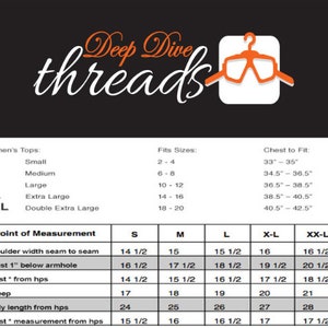 May include: A size chart for women's tops with measurements in inches. The chart includes sizes from small to double extra large, with corresponding chest measurements and fits sizes.