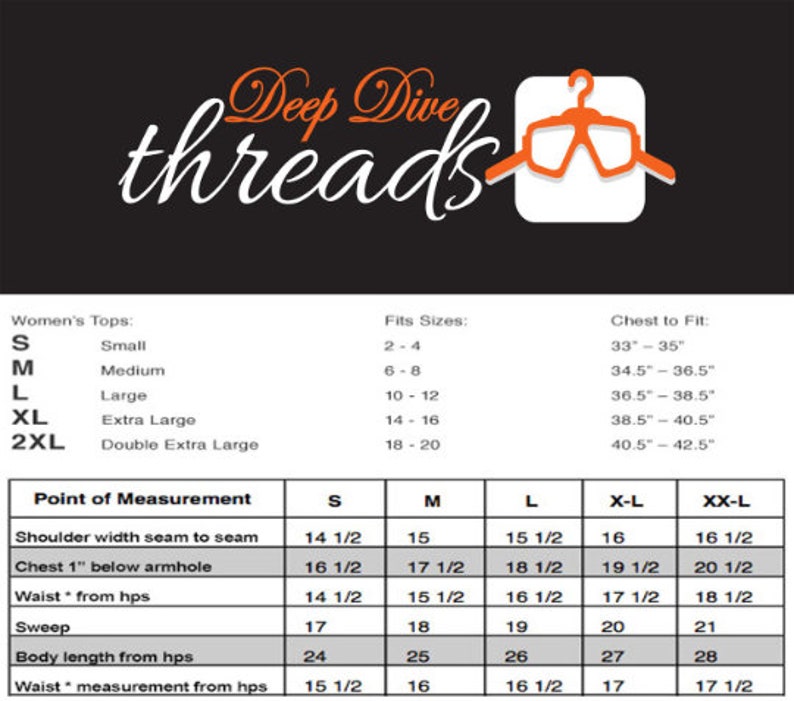 May include: A size chart for women's tops with measurements in inches. The chart includes sizes from small to double extra large, with corresponding chest measurements and fits sizes.