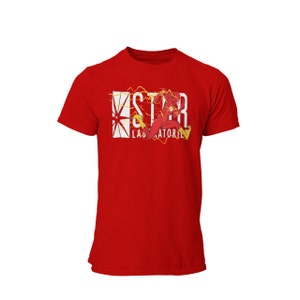 May include: Red t-shirt with a white graphic of The Flash running with lightning bolts and the text "STAR LABORATORIES".