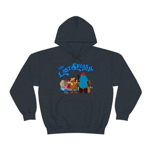 May include: A dark blue hooded sweatshirt with a graphic of a group of cartoon animals, including a bear, a rabbit, and a duck. The text "The Last Splash" is written in blue above the animals.