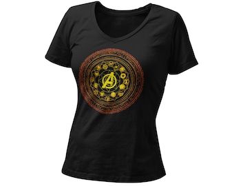 Heroes Assemble Women’s Fitted V Neck Shirt | Unique Superhero Comic Con Cinematic Universe Graphic T-Shirt | Assembled Tee |Sorcerer Shield