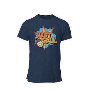 Könnte beinhalten: Ein marineblaues T-Shirt mit einer Comic-Grafik eines Eichhörnchens mit einem Blitz darin und dem Text "JUST CALL".