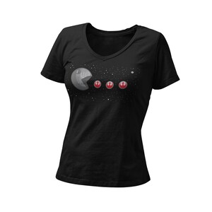 May include: Black v-neck t-shirt featuring a graphic of the Death Star from Star Wars as Pac-Man eating three Rebel Alliance symbols.