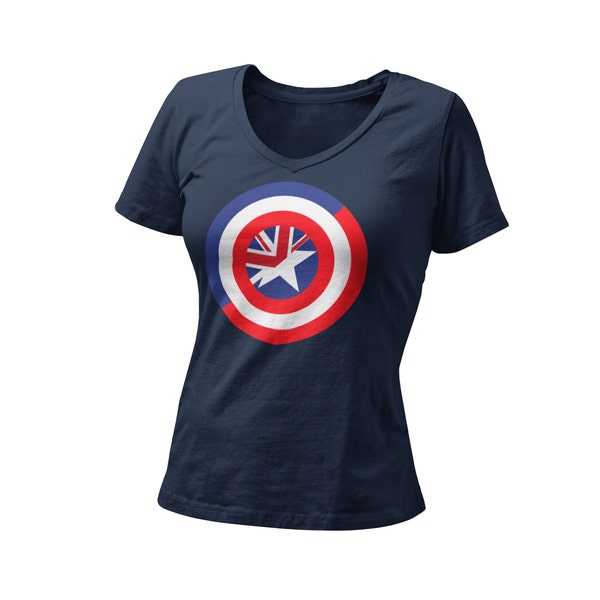 Capt Carter Women’s V Neck Shirt | Agent Pegg America New Superhero Show Mashup | WDW Orlando Tee | Comic Con Cinematic Universe Tshirt
