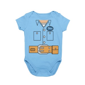 May include: A light blue baby onesie with a cartoon image of a blue work shirt, a brown belt, and a blue name tag that says "Felix".