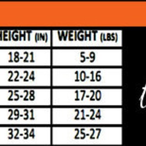 May include: A chart showing infant sizing for rabbit skin clothing. The chart lists the rabbit skin size, age, height in inches, and weight in pounds. The chart includes sizes for newborn, 6 months, 12 months, 18 months, and 24 months.