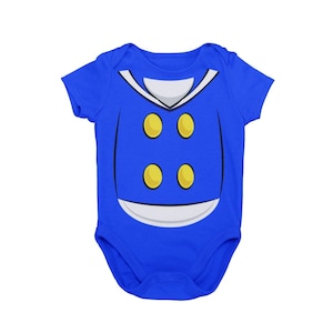 May include: A blue baby onesie with a white collar and three yellow buttons. The onesie has a white graphic of a shirt with a collar and buttons.