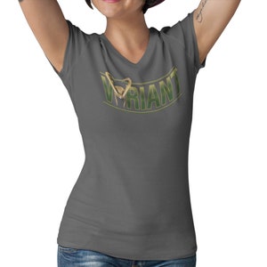 May include: A dark gray V-neck t-shirt with a green and gold graphic of a praying mantis and the word "VARIANT".