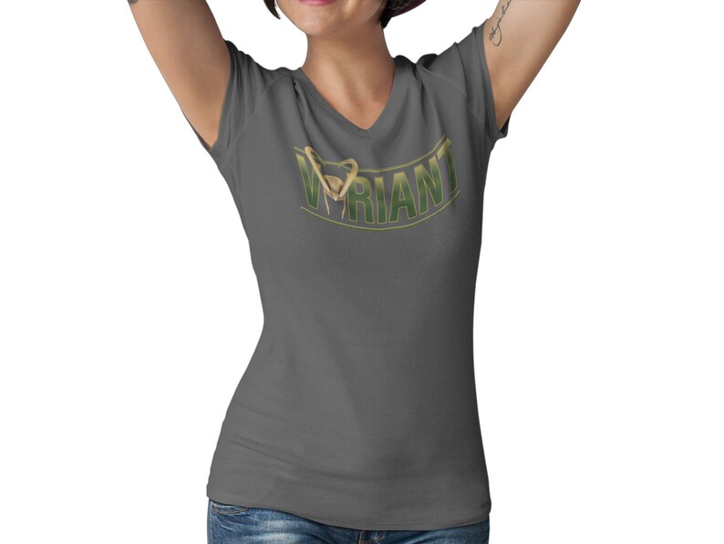 May include: A dark gray V-neck t-shirt with a green and gold graphic of a praying mantis and the word "VARIANT".