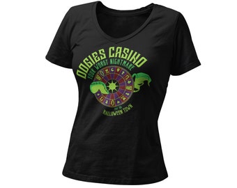 Halloween Town Casino Women’s Fitted V Neck Shirt | Boogies Casino Halloween Christmas Nightmare Graphic T-Shirt | Orlando Theme Park Vacay