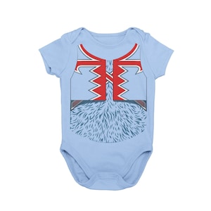 May include: A light blue baby onesie with a red and white graphic of a furry creature wearing a vest.