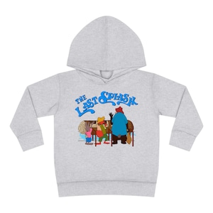 May include: A gray hooded sweatshirt with a blue and white graphic of three cartoon characters and the text "The Last Splash".