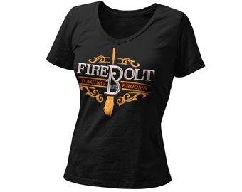 Firebolt Elite Racing Brooms Women’s Fitted V Neck Shirt | Orlando Theme Park Vacation Tee | Universal Adventure Island Tee |Comic Con Shirt