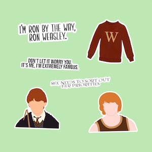 May include: A collection of stickers featuring quotes and illustrations from a popular fantasy series. Includes a maroon sweater with a gold "W", two character portraits, and text that reads "I'm Ron by the way, Ron Weasley."