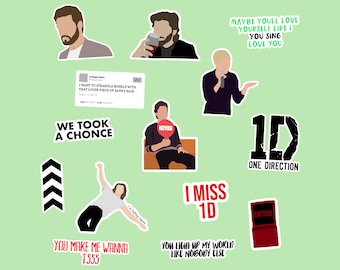 May include: A collection of stickers on a light green background. The stickers feature illustrations of people, text, and graphics. Text includes "I MISS 1D", "ONE DIRECTION", and "TATTOO". Other stickers have phrases like "WE TOOK A CHONCE" and "YOU MAKE ME WANNA TSSS".