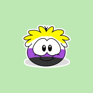 May include: A cartoon-style character with a non-binary pride flag design. The character has a round body with a yellow spiky hair, large white eyes, and a smiling mouth. The background is a light green color.