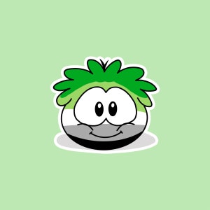 May include: A cartoon-style character with a green, white, gray, and black color scheme. The character has a round face with large eyes, a smiling mouth, and green hair. The background is a light green color.