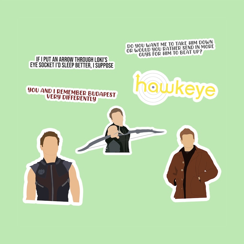 May include: A collection of stickers featuring illustrations of Hawkeye and quotes from the character. The stickers include images of Hawkeye with a bow and arrow, and text such as "You and I remember Budapest very differently."