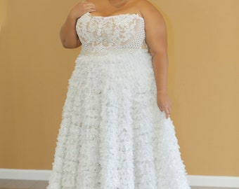 Two in One Full figured Custom Design Ruffle Wedding Dress, With Built-in Corset. Plus Size Off-White Custom Made Wedding Gown