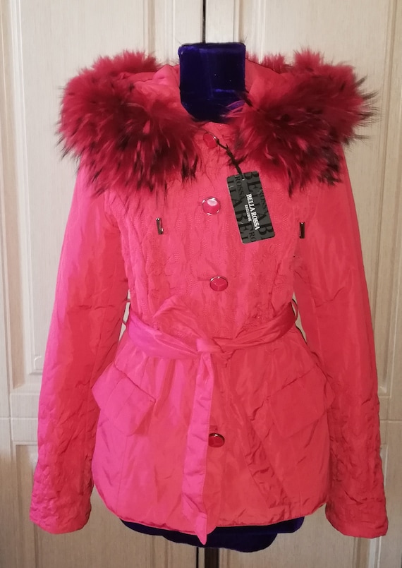Vintage red hooded jacket with raccoon fur