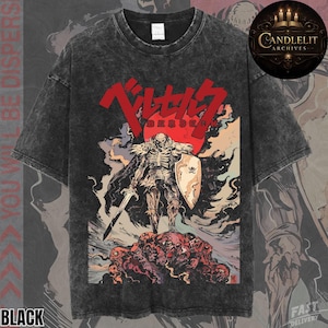 May include: Black graphic t-shirt featuring a skeletal warrior with a sword and shield, standing atop a pile of skulls. The design includes Japanese text and a red sun. The shirt has a vintage, washed appearance.