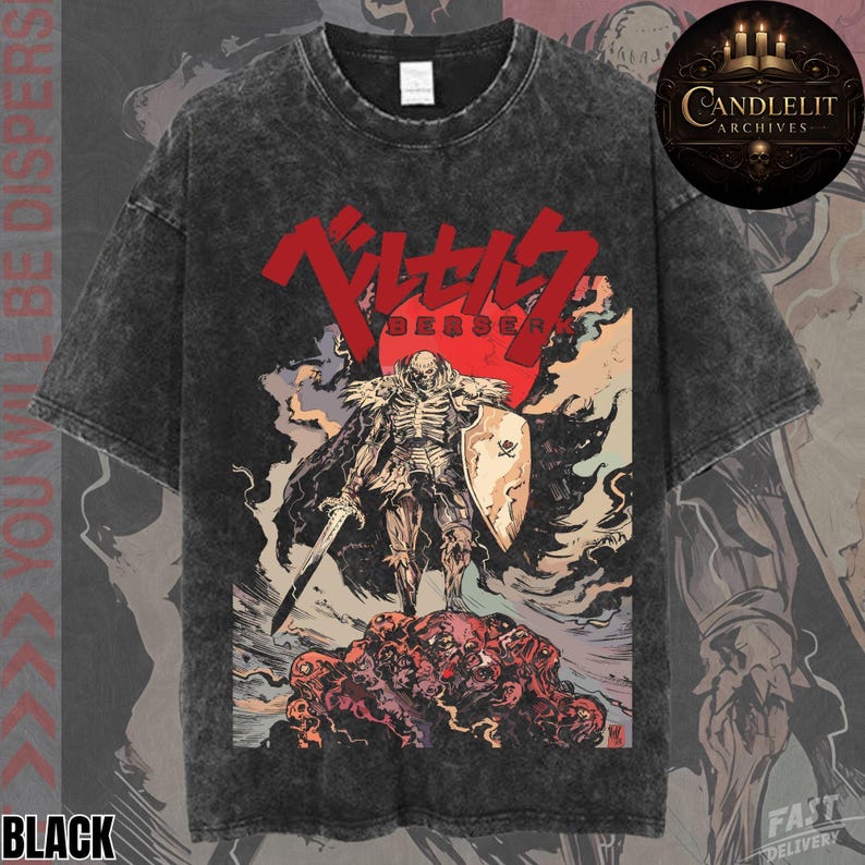 May include: Black graphic t-shirt featuring a skeletal warrior with a sword and shield, standing atop a pile of skulls. The design includes Japanese text and a red sun. The shirt has a vintage, washed appearance.