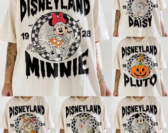 Vintage Disneyland All Characters Halloween 2026 Shirt, Custom Name Disney Characters Checkered Halloween Tee, WDW Disneyland Halloween Tee
