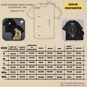 May include: Black mineral wash t-shirts with graphic designs. One shirt features a lightning bolt, another a creature illustration, and a third a design with the text "LIMITLESS" and "HOLLOW POOL". Size chart in centimeters.
