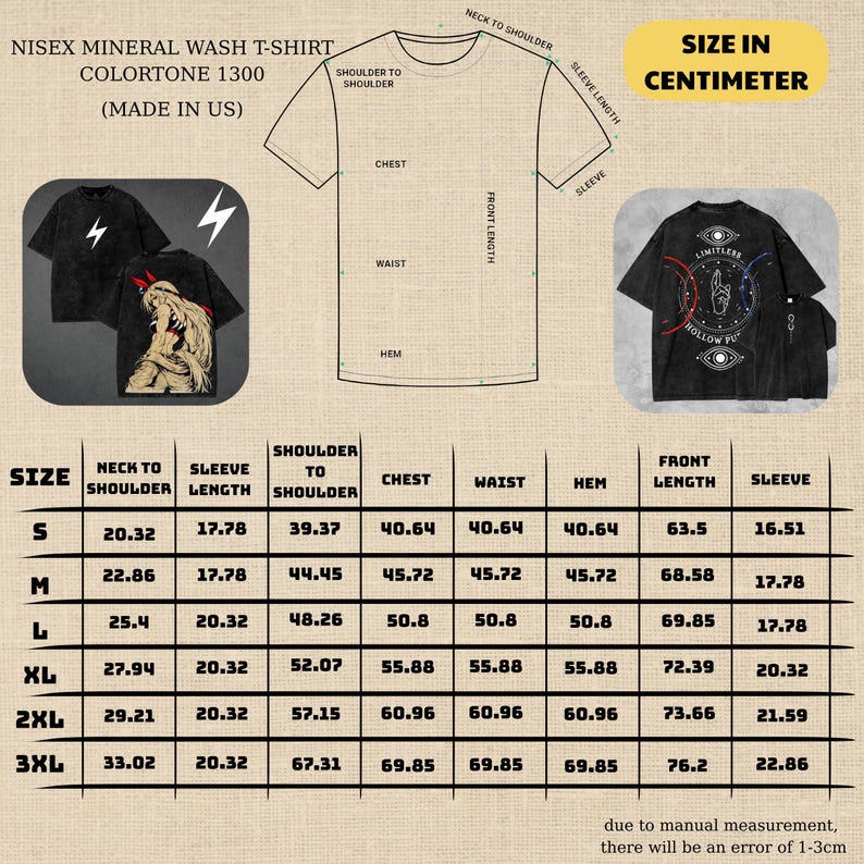 May include: Black mineral wash t-shirts with graphic designs. One shirt features a lightning bolt, another a creature illustration, and a third a design with the text "LIMITLESS" and "HOLLOW POOL". Size chart in centimeters.