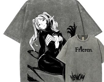 Frieren Venom Mineral Wash T-Shirt, Cosplay Symbiote Anime Graphic Tee, Vintage Oversized Heavyweight Grey Shirt, Frieren Beyond Journeys