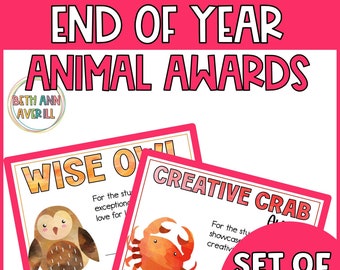 Editable Preschool end of year awards for Kindergarten class awards last day of school animal themed award preschool graduation