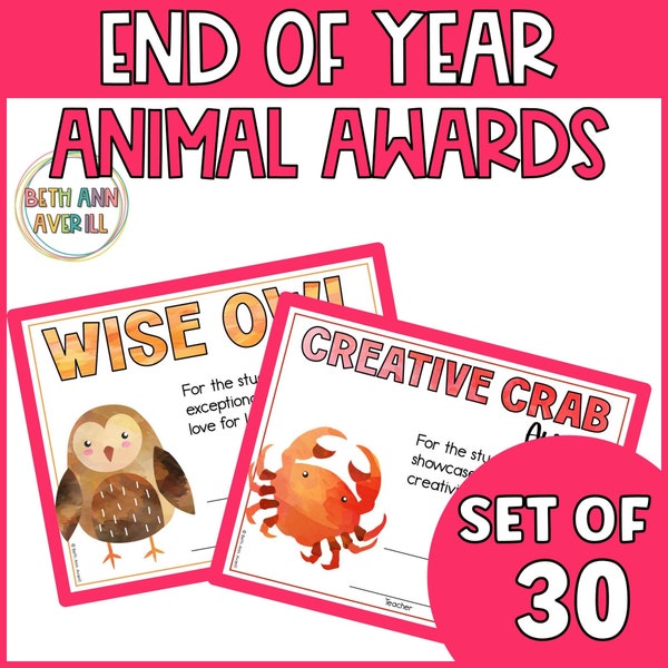 Editable Preschool end of year awards for Kindergarten class awards last day of school animal themed award preschool graduation