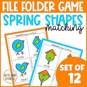 May include: A set of 12 printable file folder game cards featuring spring shapes. The cards are designed for children to learn about shapes and colors. The cards feature a birdhouse, a circle, a heart, and a diamond.