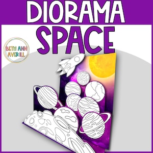 May include: A black and white printable space diorama craft for kids. The diorama features a rocket, sun, and planets. The text "DIORAMA SPACE" is at the top of the image.