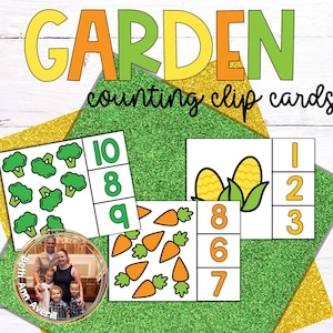 Peut inclure: Un ensemble de cartes de comptage à clips imprimables avec des images sur le thème du jardin. Les cartes comprennent des brocolis, des carottes et du maïs. Les nombres 1, 2, 3, 6, 7, 8, 9 et 10 sont inclus sur les cartes.