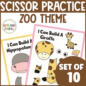 Puede incluir: Un conjunto de 10 hojas de práctica de tijeras imprimibles con animales del zoológico. Cada hoja incluye un título, "Puedo construir un", y una imagen de un animal del zoológico para recortar. Los animales incluyen una jirafa y un hipopótamo. El texto "Set of 10" está en un círculo marrón en la parte inferior derecha de la imagen.