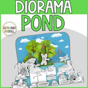 May include: Black and white printable diorama of a pond with a variety of animals, including a flamingo, a swan, a dragonfly, a turtle, a frog, a fish, and a snake. The diorama is designed to be cut out and assembled.