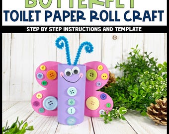 Lavoretto con la carta igienica a forma di farfalla per bambini in età prescolare Attività di giardinaggio primaverile per il campo estivo Modello PDF per lavoretto con il rotolo di carta igienica Attività con gli insetti