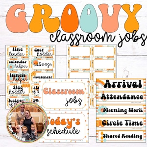 Groovy Boho Today&#39;s Schedule and Classroom Jobs for Retro Classroom Decor