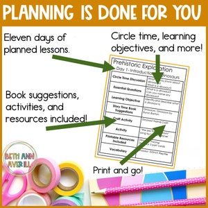 May include: A printable resource for teaching about dinosaurs. The resource includes a lesson plan, activities, and vocabulary words. The text on the page reads "Prehistoric Exploration Day 1 - Introduction Dinosaurs".