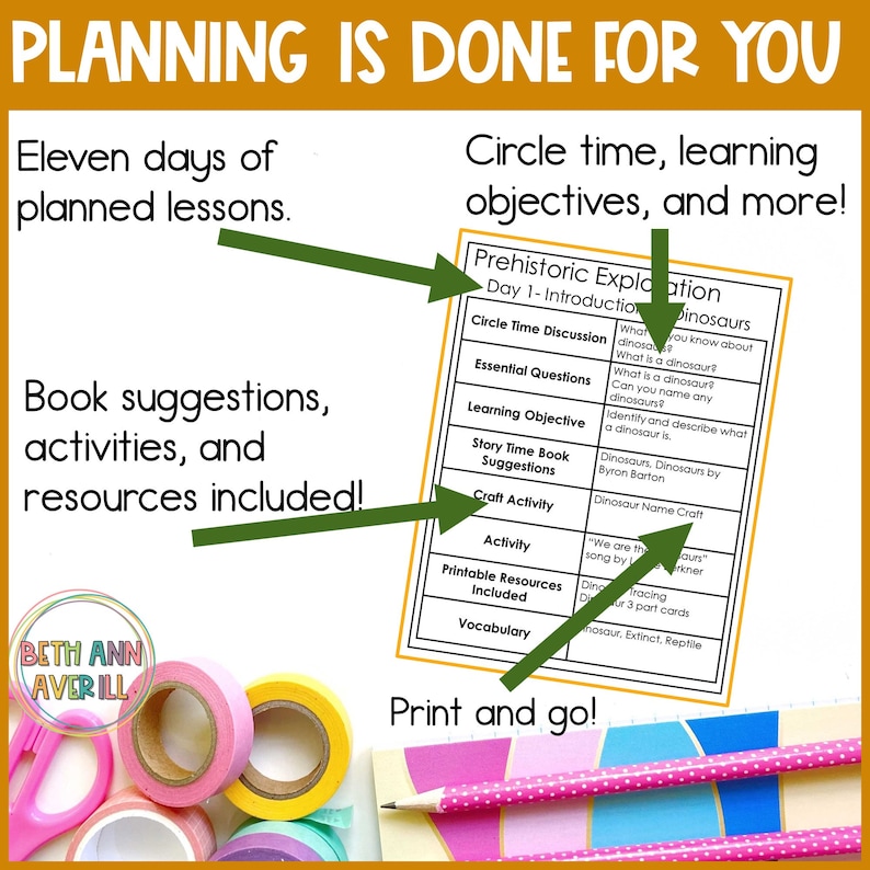 May include: A printable resource for teaching about dinosaurs. The resource includes a lesson plan, activities, and vocabulary words. The text on the page reads "Prehistoric Exploration Day 1 - Introduction Dinosaurs".
