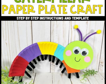Manualidad de oruga con plato de papel para preescolares. Actividad de manualidades de primavera para el jardín, ideal para campamentos de verano. Patrón en PDF con instrucciones visuales.
