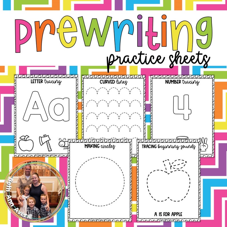 May include: Five black and white printable pre-writing practice sheets for kids. The sheets include tracing letters, numbers, curved lines, circles, and an apple.