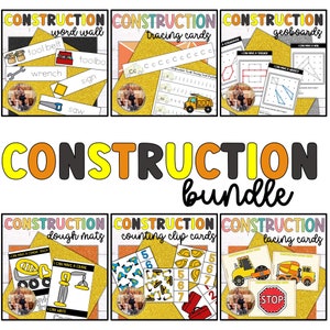 Imprimibles para centros preescolares con temática de construcción, carpeta de aprendizaje de camiones de construcción y actividades preescolares para desarrollar habilidades motoras finas.