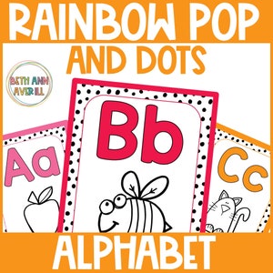 Carteles del alfabeto para decorar el aula, carteles imprimibles con arcoíris, puntos y manchas brillantes, decoración para el aula, carteles con formas para la educación en el hogar