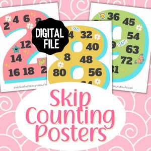 Puede incluir: Tres carteles imprimibles para enseñar a contar de dos en dos. Los carteles muestran los números 2, 8 y 8 con diseños y números coloridos. El texto "Skip Counting Posters" está en la parte inferior de la imagen.