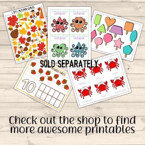 May include: A set of printable educational worksheets for kids. The worksheets feature a variety of themes, including autumn leaves, dough mats, and ocean animals. The worksheets are designed to help children learn about different shapes, colors, and numbers. The text on the worksheets includes "I Spy: Autumn Leaves", "Dough Mats", "Make the shape octopus", "Sold Separately", and "Check out the shop to find more awesome printables".
